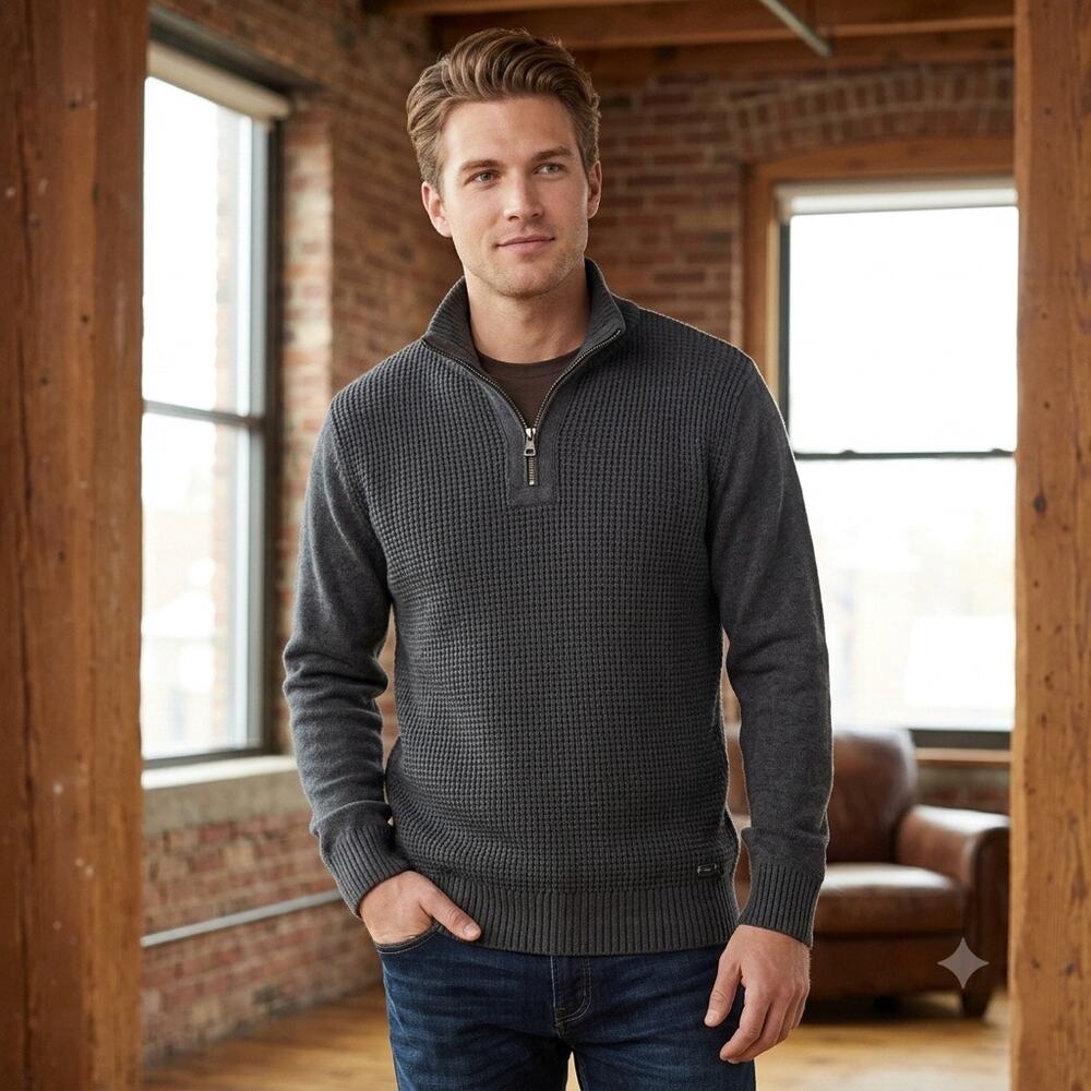 Weatherproof Vintage Mens Gray Textured Knit 1/4 Zip Sweater Size M Cotton